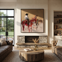 Two Riders Break Dust - expressive two rider painting by Ethan Mercer, contemporary Western square wall art – styled room scene view 1