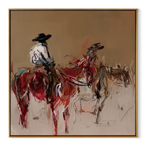 Two Riders Break Dust - expressive two rider painting by Ethan Mercer, contemporary Western square wall art – wood frame on white background