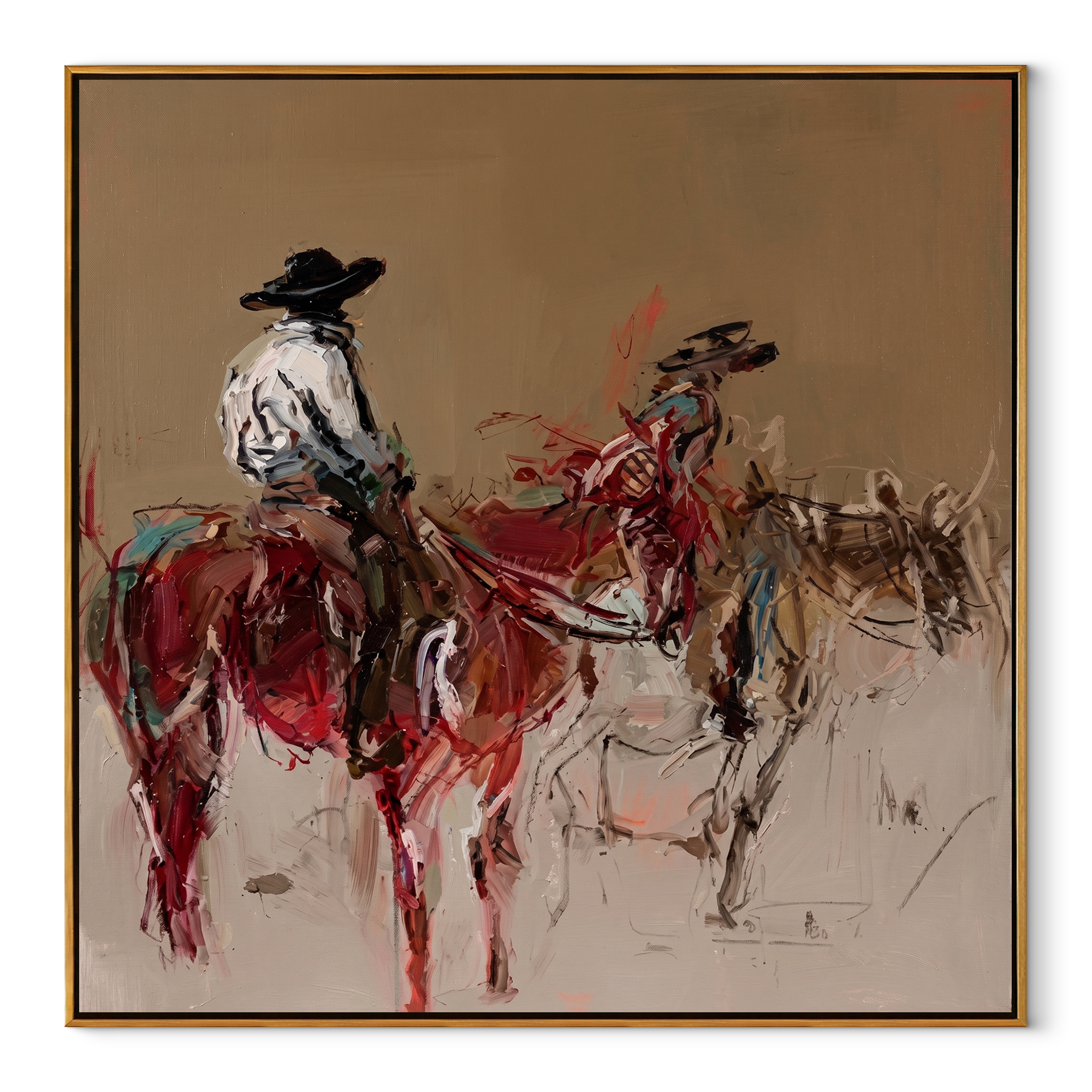 Two Riders Break Dust - expressive two rider painting by Ethan Mercer, contemporary Western square wall art – wood frame on white background
