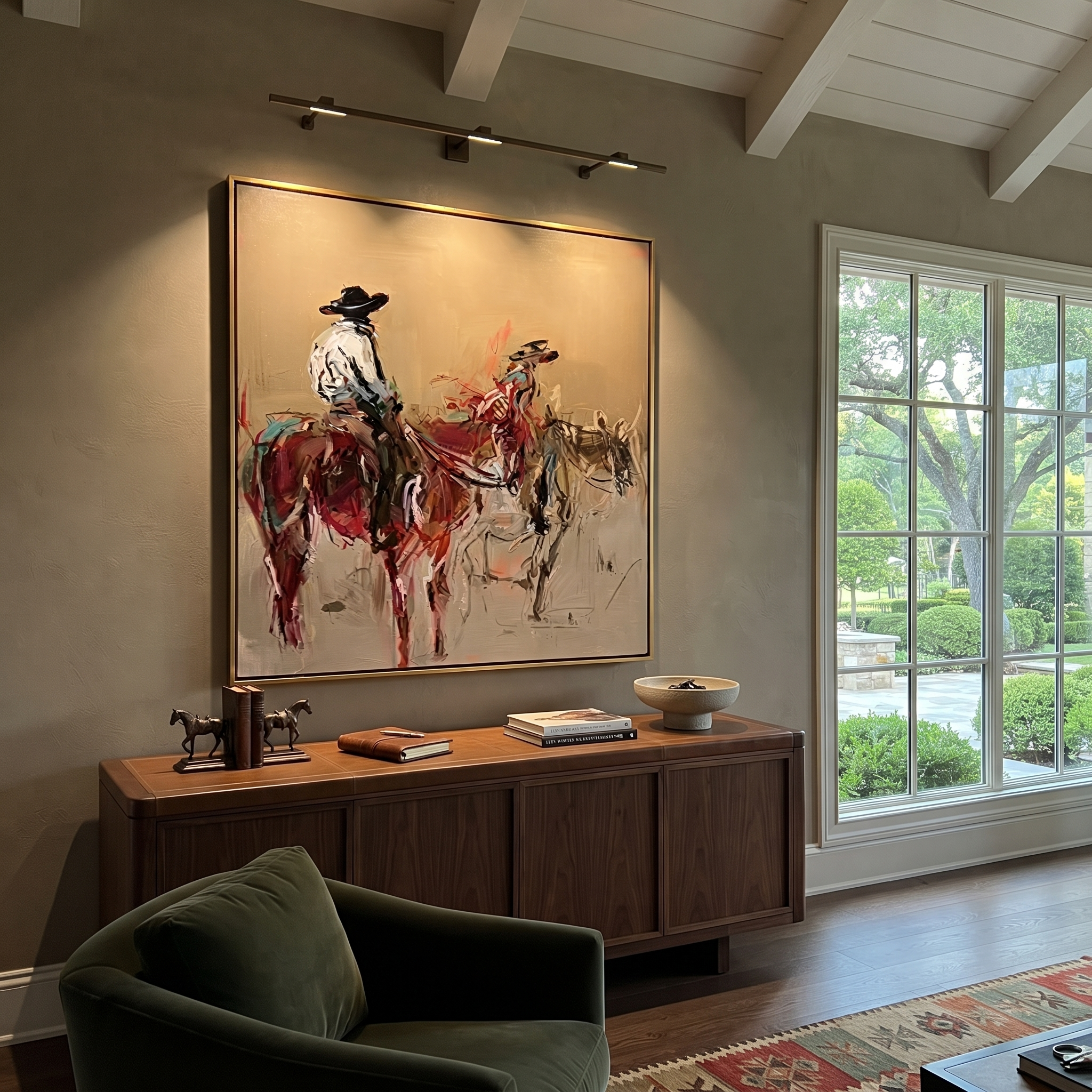 Two Riders Break Dust - expressive two rider painting by Ethan Mercer, contemporary Western square wall art – styled room scene view 2