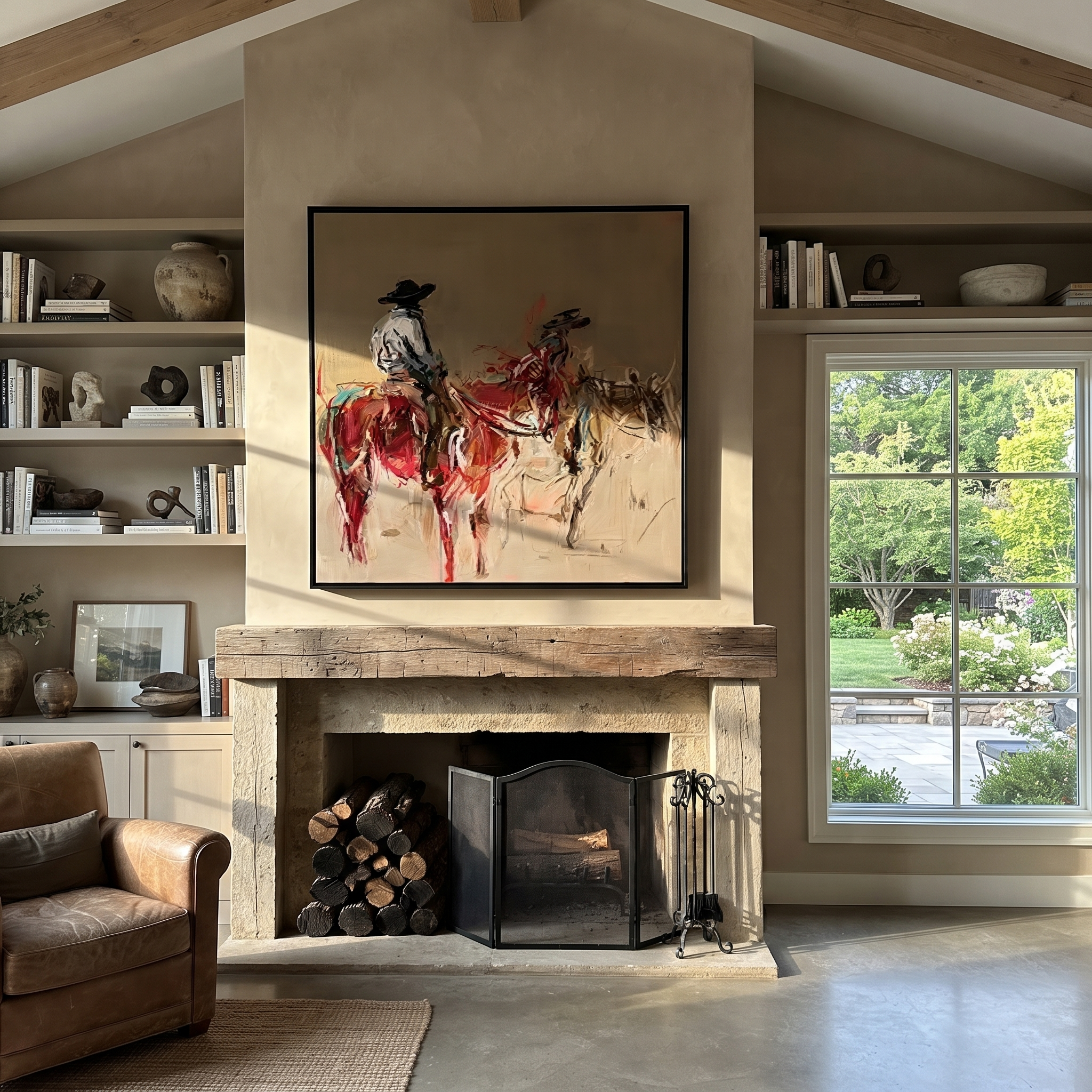 Two Riders Break Dust - expressive two rider painting by Ethan Mercer, contemporary Western square wall art – styled room scene view 3