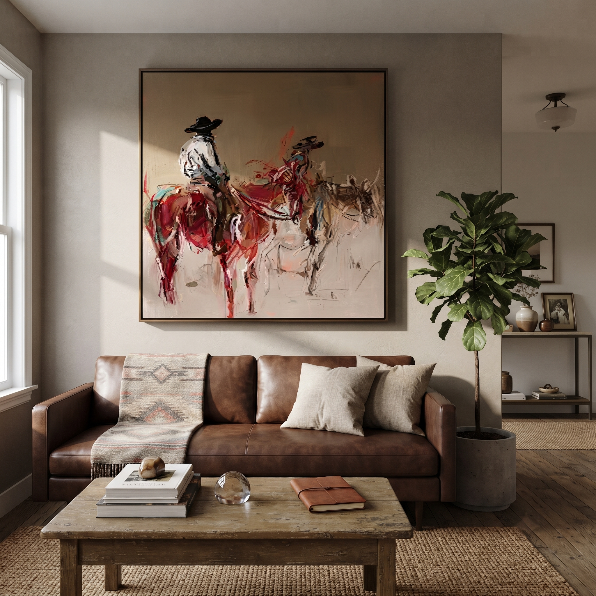 Two Riders Break Dust - expressive two rider painting by Ethan Mercer, contemporary Western square wall art – styled room scene view 4
