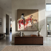 Two Riders Break Dust - expressive two rider painting by Ethan Mercer, contemporary Western square wall art – styled room scene view 5