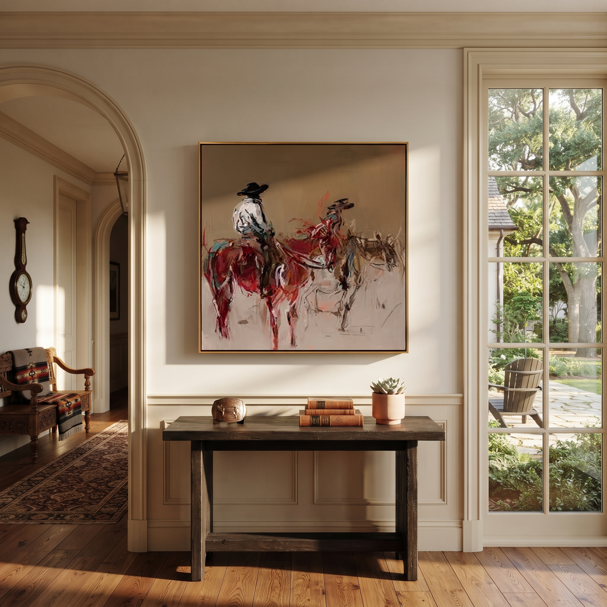 Two Riders Break Dust - expressive two rider painting by Ethan Mercer, contemporary Western square wall art – styled room scene view 6