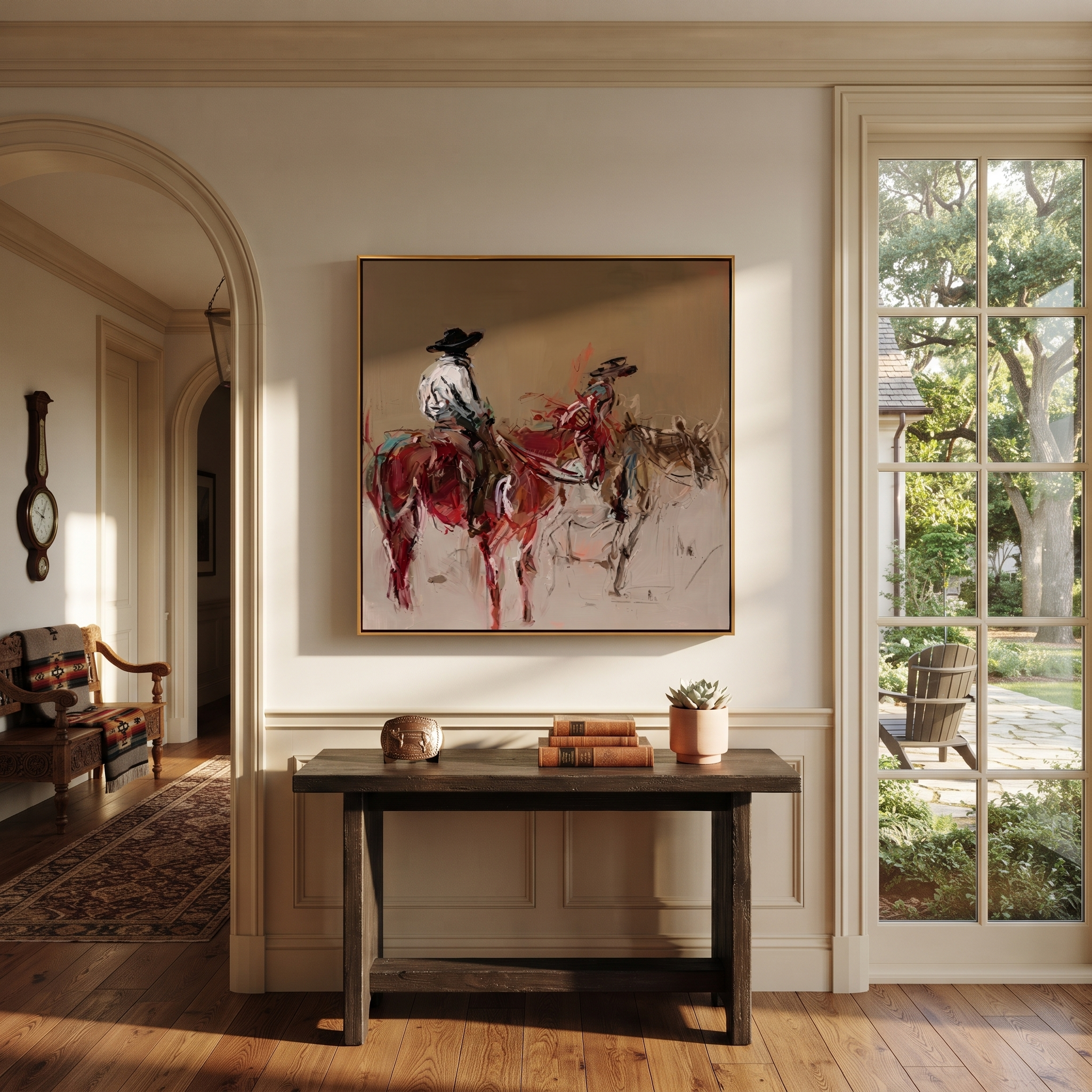 Two Riders Break Dust - expressive two rider painting by Ethan Mercer, contemporary Western square wall art – styled room scene view 6