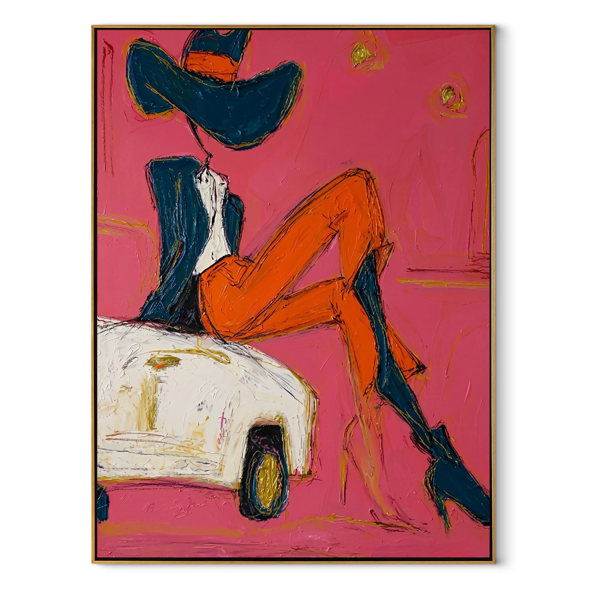 Orange Legs Chase Chrome - cowgirl on car painting by Ethan Mercer, contemporary Western vertical wall art – wood frame on white background