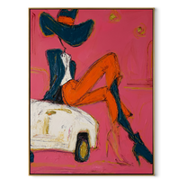 Orange Legs Chase Chrome - cowgirl on car painting by Ethan Mercer, contemporary Western vertical wall art – wood frame on white background