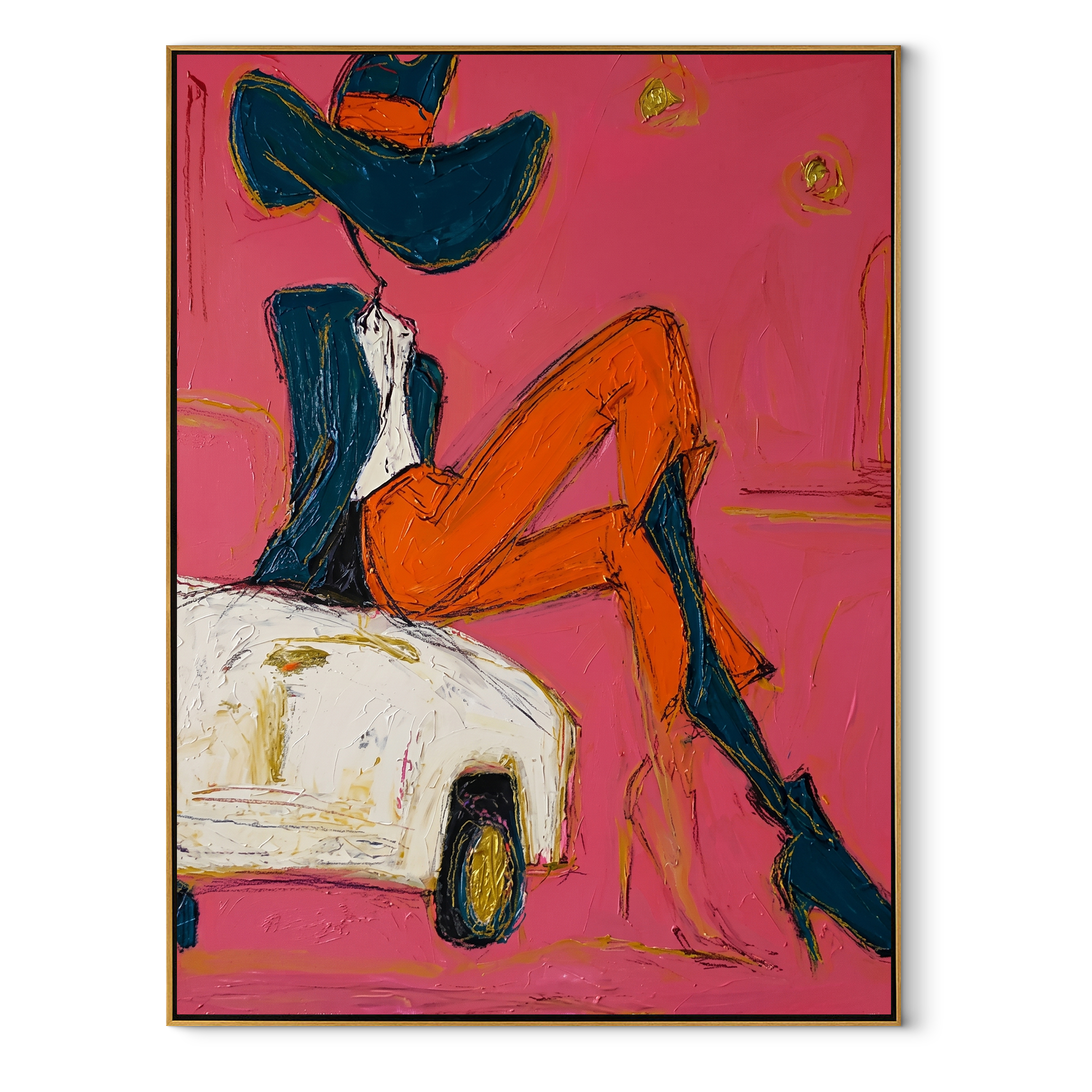 Orange Legs Chase Chrome - cowgirl on car painting by Ethan Mercer, contemporary Western vertical wall art – wood frame on white background