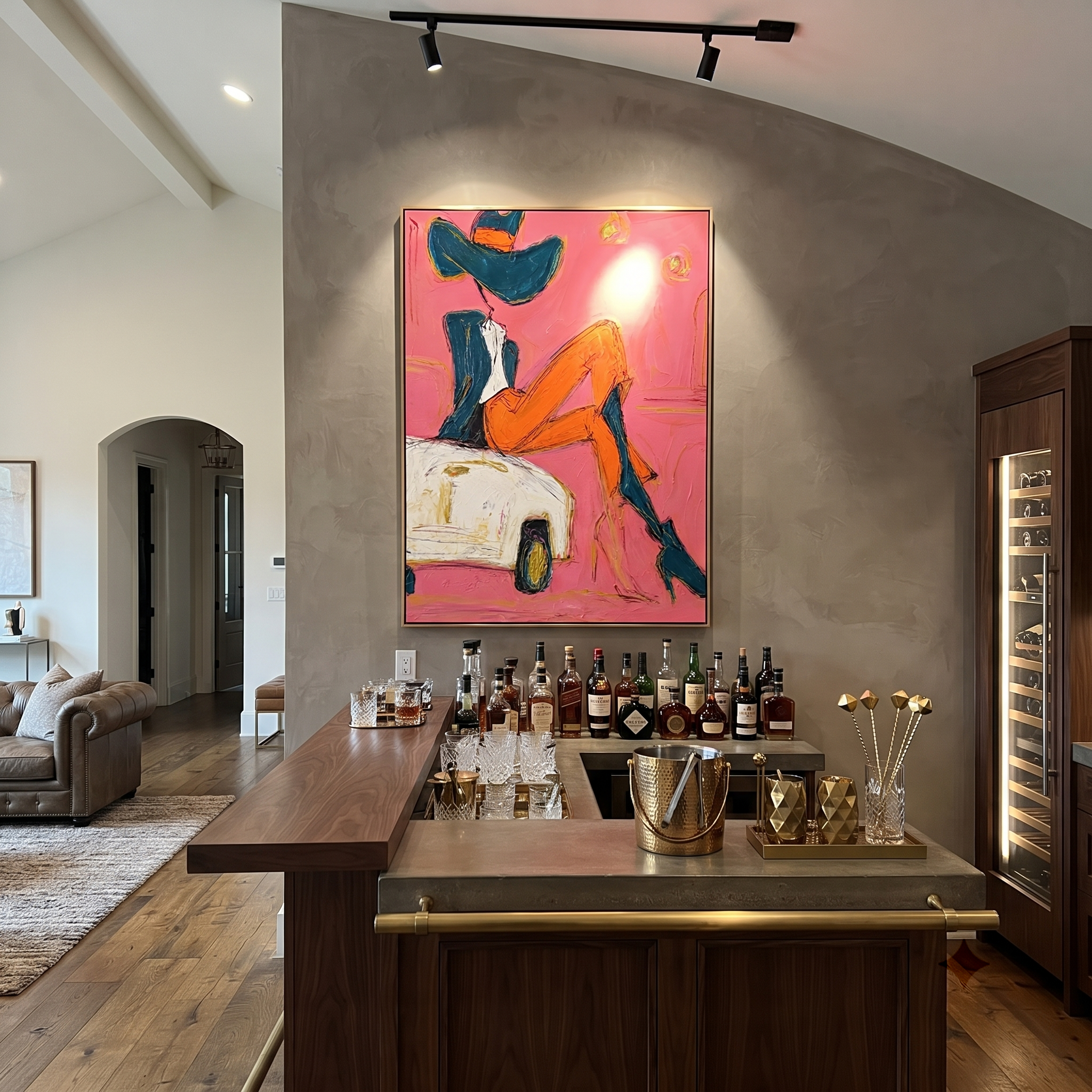 Orange Legs Chase Chrome - cowgirl on car painting by Ethan Mercer, contemporary Western vertical wall art – styled room scene view 2