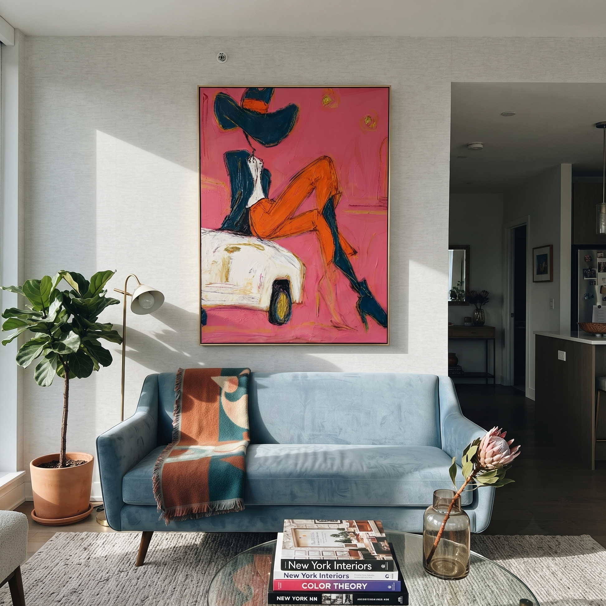 Orange Legs Chase Chrome - cowgirl on car painting by Ethan Mercer, contemporary Western vertical wall art – styled room scene view 3
