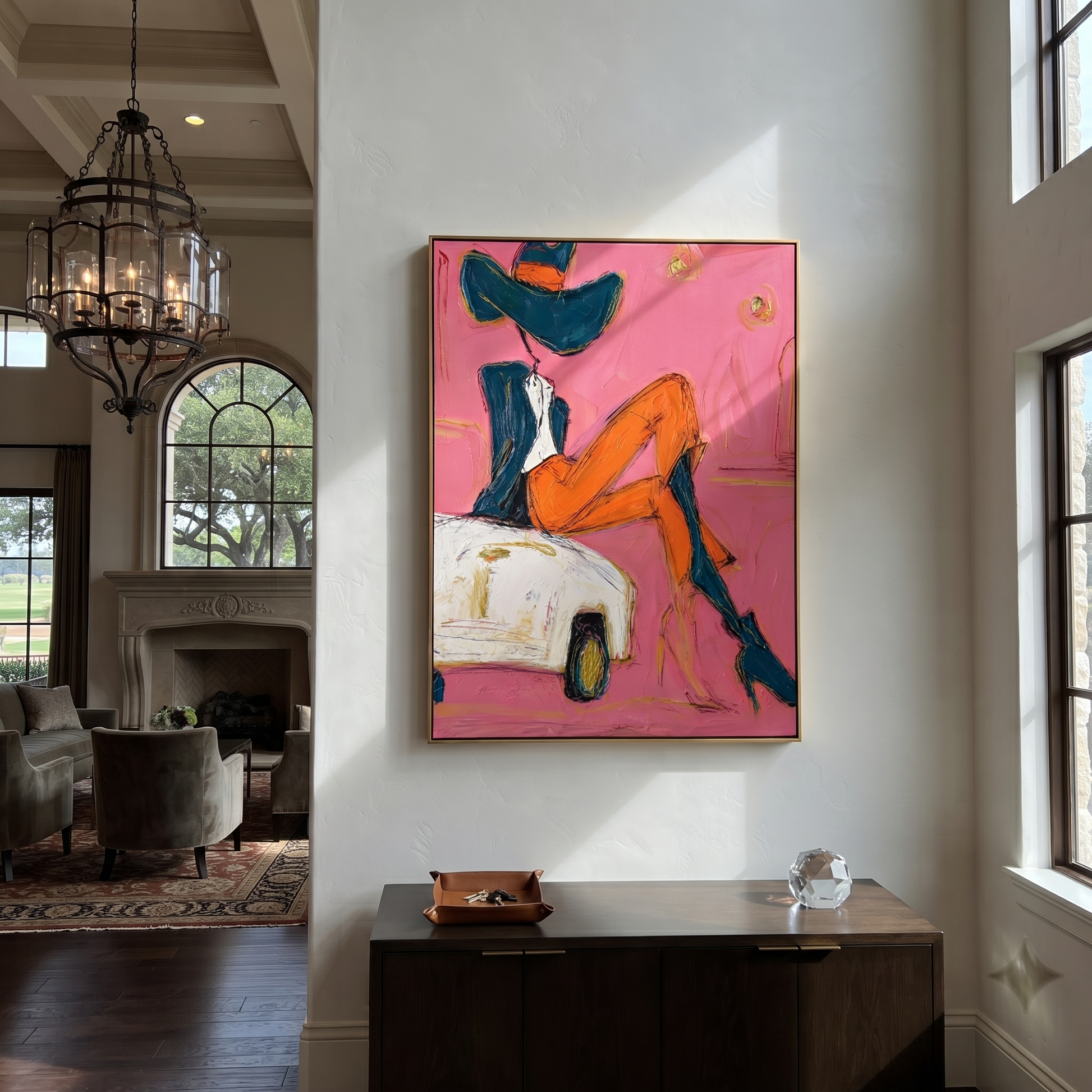 Orange Legs Chase Chrome - cowgirl on car painting by Ethan Mercer, contemporary Western vertical wall art – styled room scene view 4