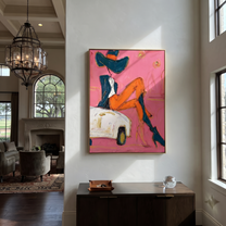 Orange Legs Chase Chrome - cowgirl on car painting by Ethan Mercer, contemporary Western vertical wall art – styled room scene view 4