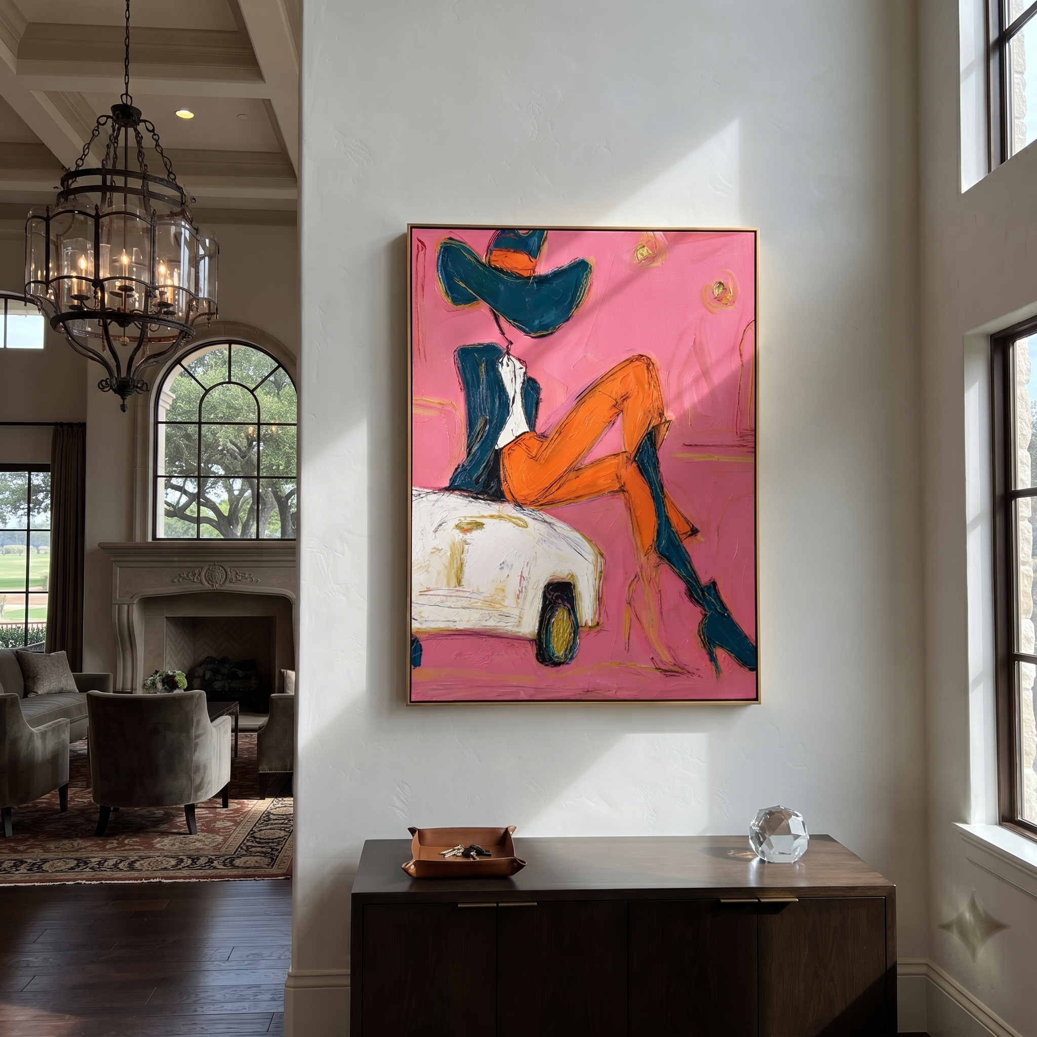 Orange Legs Chase Chrome - cowgirl on car painting by Ethan Mercer, contemporary Western vertical wall art – styled room scene view 4