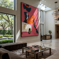 Orange Legs Chase Chrome - cowgirl on car painting by Ethan Mercer, contemporary Western vertical wall art – styled room scene view 5