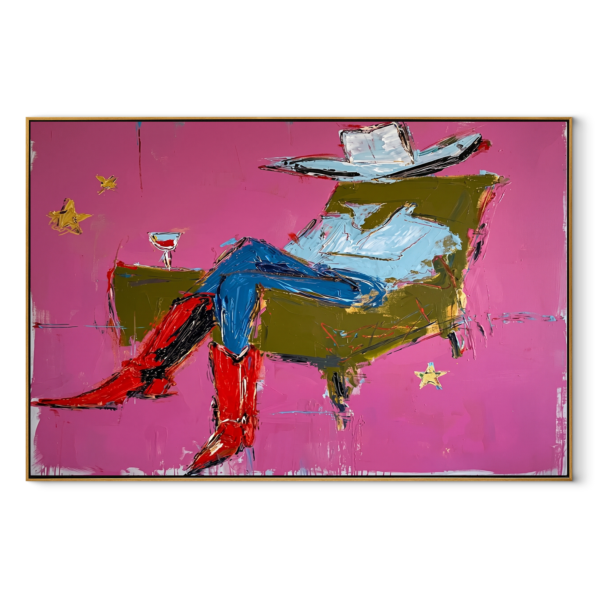 Red Boots Recline Westward - modern reclining cowboy painting by Ethan Mercer, contemporary Western horizontal wall art – wood frame on white background