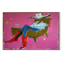 Red Boots Recline Westward - modern reclining cowboy painting by Ethan Mercer, contemporary Western horizontal wall art – wood frame on white background