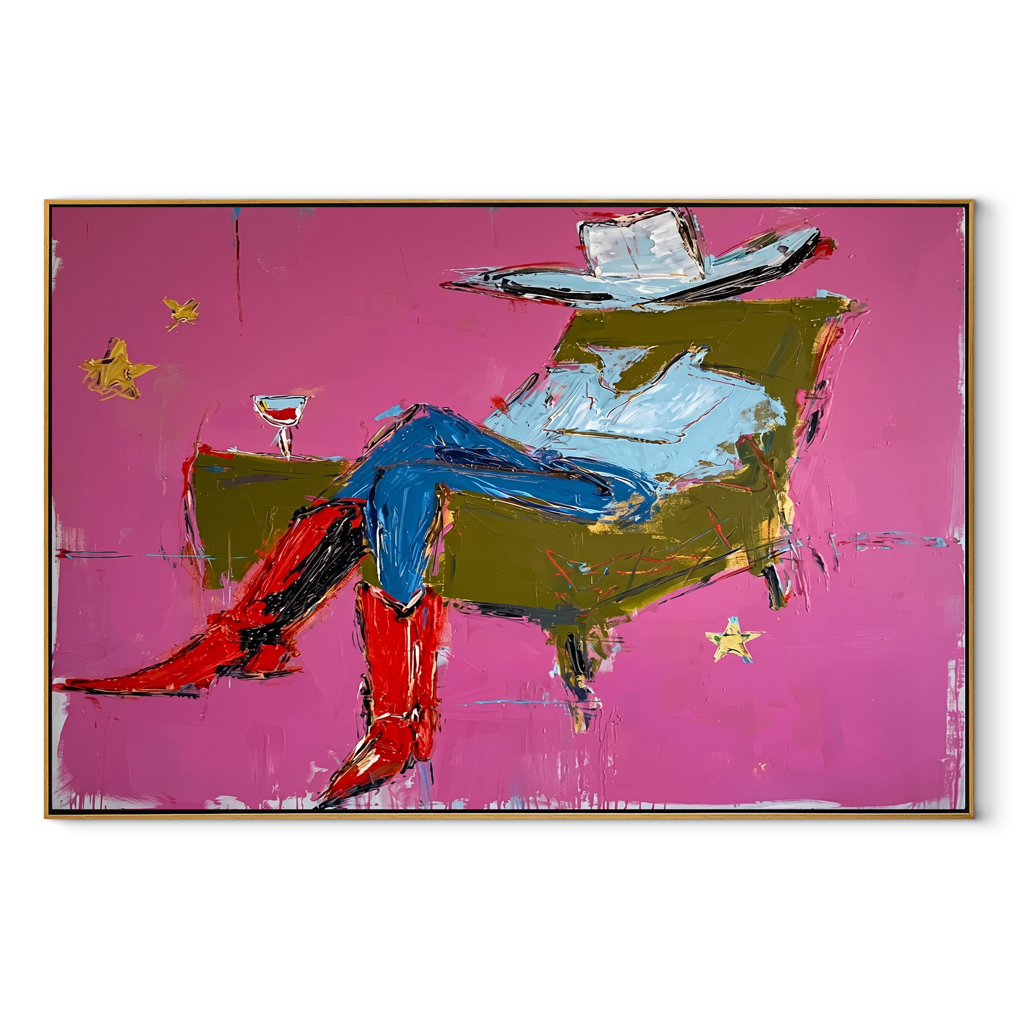 Red Boots Recline Westward - modern reclining cowboy painting by Ethan Mercer, contemporary Western horizontal wall art – wood frame on white background