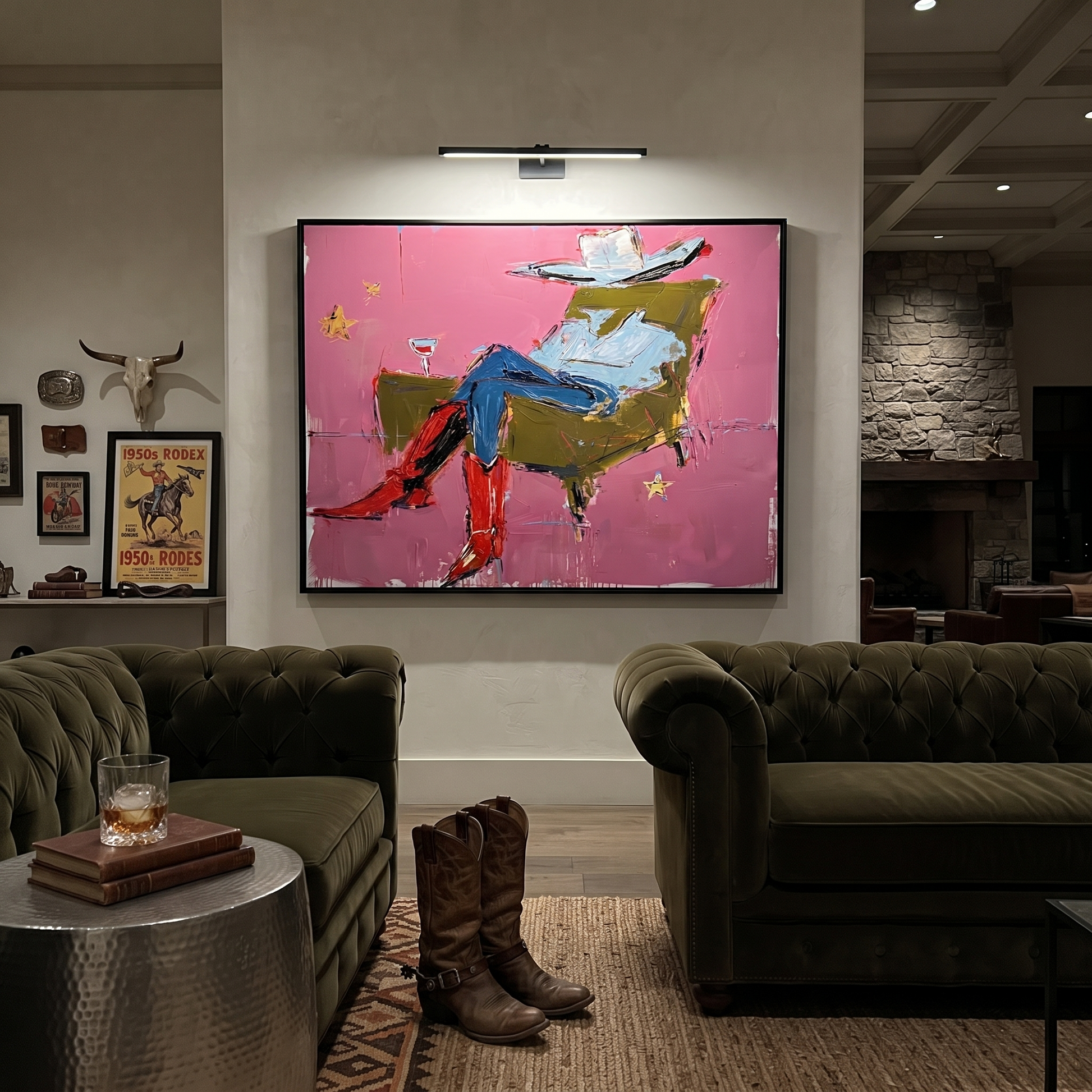 Red Boots Recline Westward - modern reclining cowboy painting by Ethan Mercer, contemporary Western horizontal wall art – styled room scene view 2