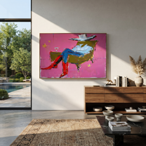 Red Boots Recline Westward - modern reclining cowboy painting by Ethan Mercer, contemporary Western horizontal wall art – styled room scene view 3