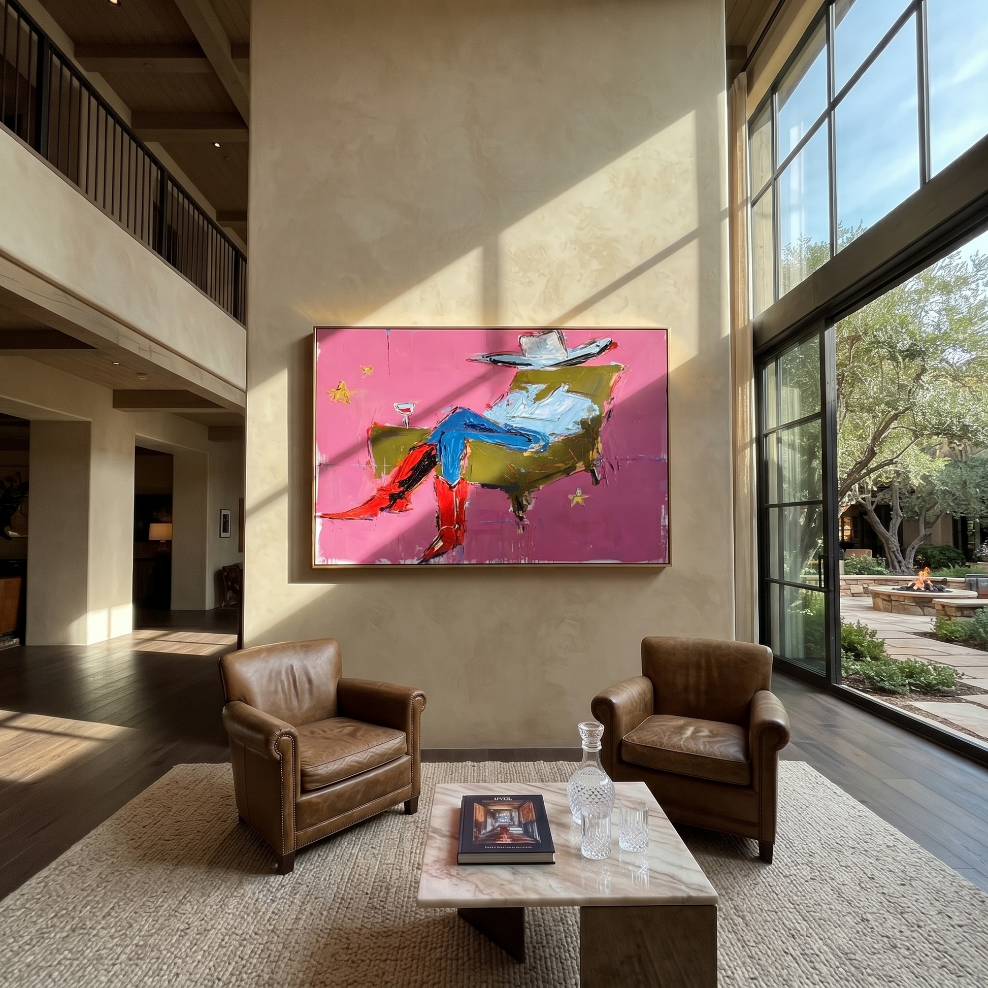 Red Boots Recline Westward - modern reclining cowboy painting by Ethan Mercer, contemporary Western horizontal wall art – styled room scene view 4