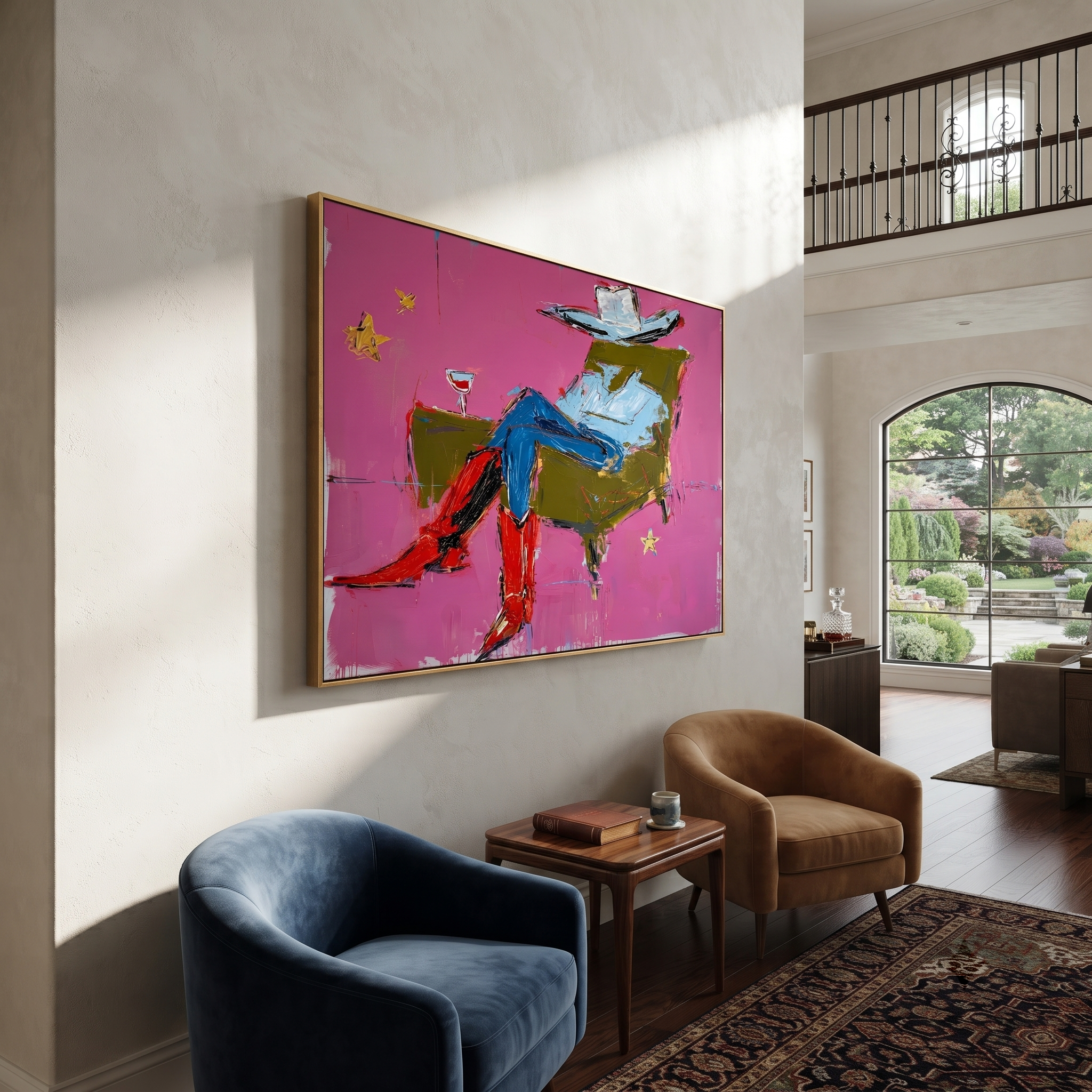 Red Boots Recline Westward - modern reclining cowboy painting by Ethan Mercer, contemporary Western horizontal wall art – styled room scene view 5
