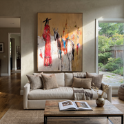 Scarlet Figure Follows Horse - abstract rider and horse painting by Ethan Mercer, contemporary Western vertical wall art – styled room scene view 1
