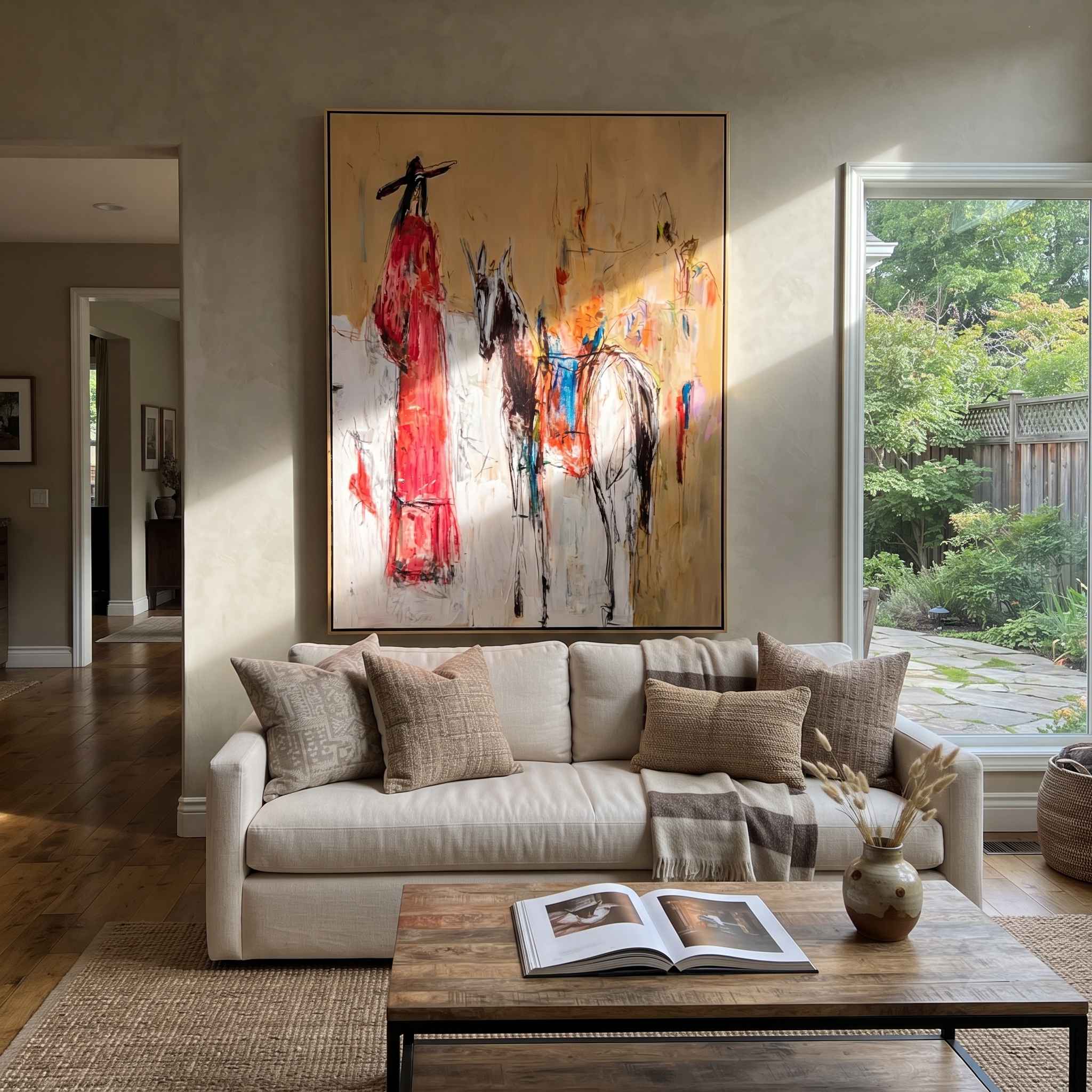 Scarlet Figure Follows Horse - abstract rider and horse painting by Ethan Mercer, contemporary Western vertical wall art – styled room scene view 1