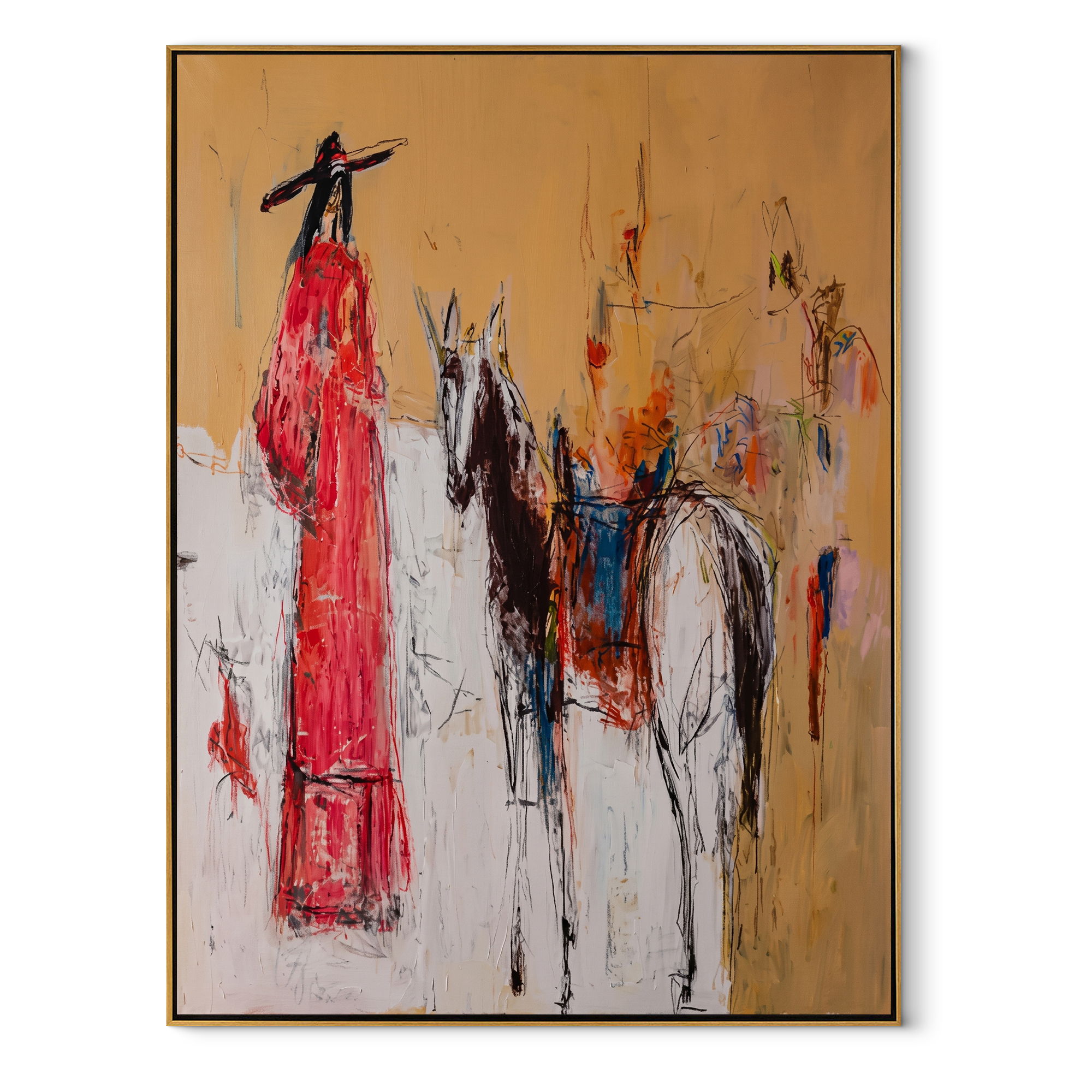 Scarlet Figure Follows Horse - abstract rider and horse painting by Ethan Mercer, contemporary Western vertical wall art – wood frame on white background