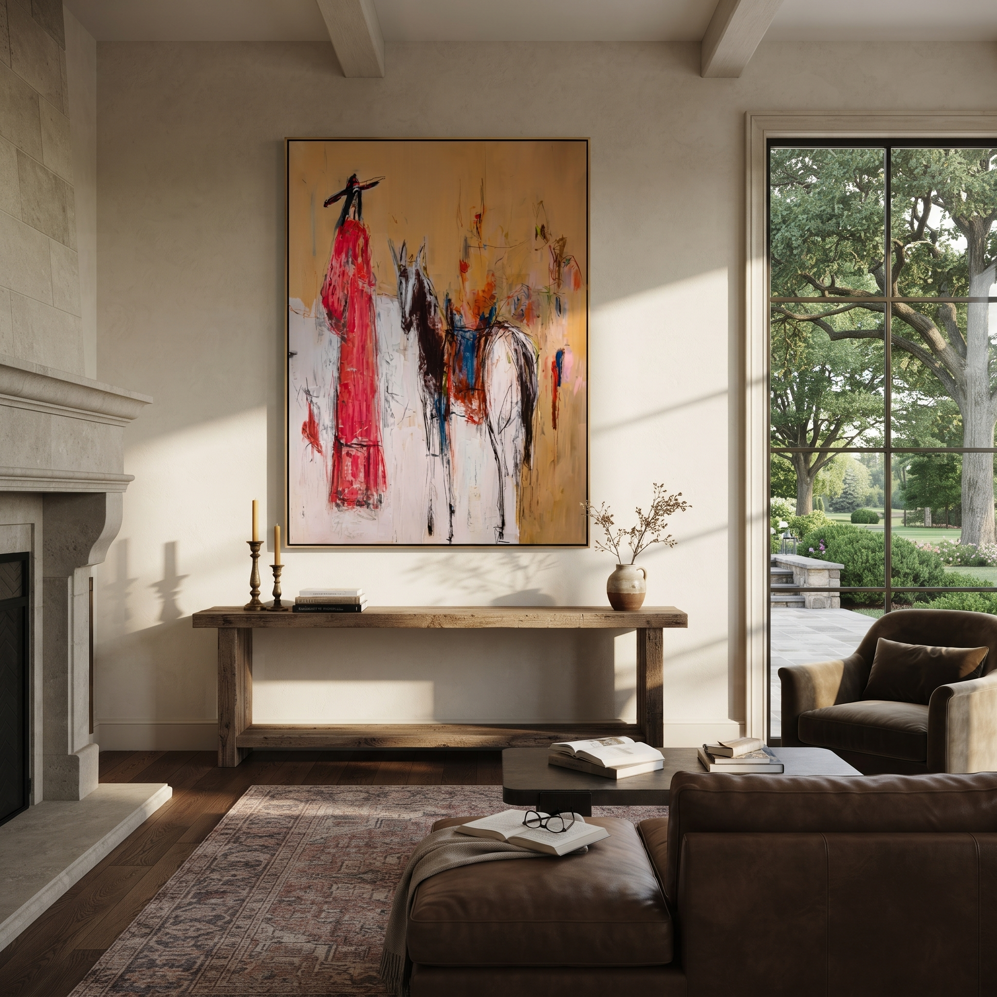 Scarlet Figure Follows Horse - abstract rider and horse painting by Ethan Mercer, contemporary Western vertical wall art – styled room scene view 2