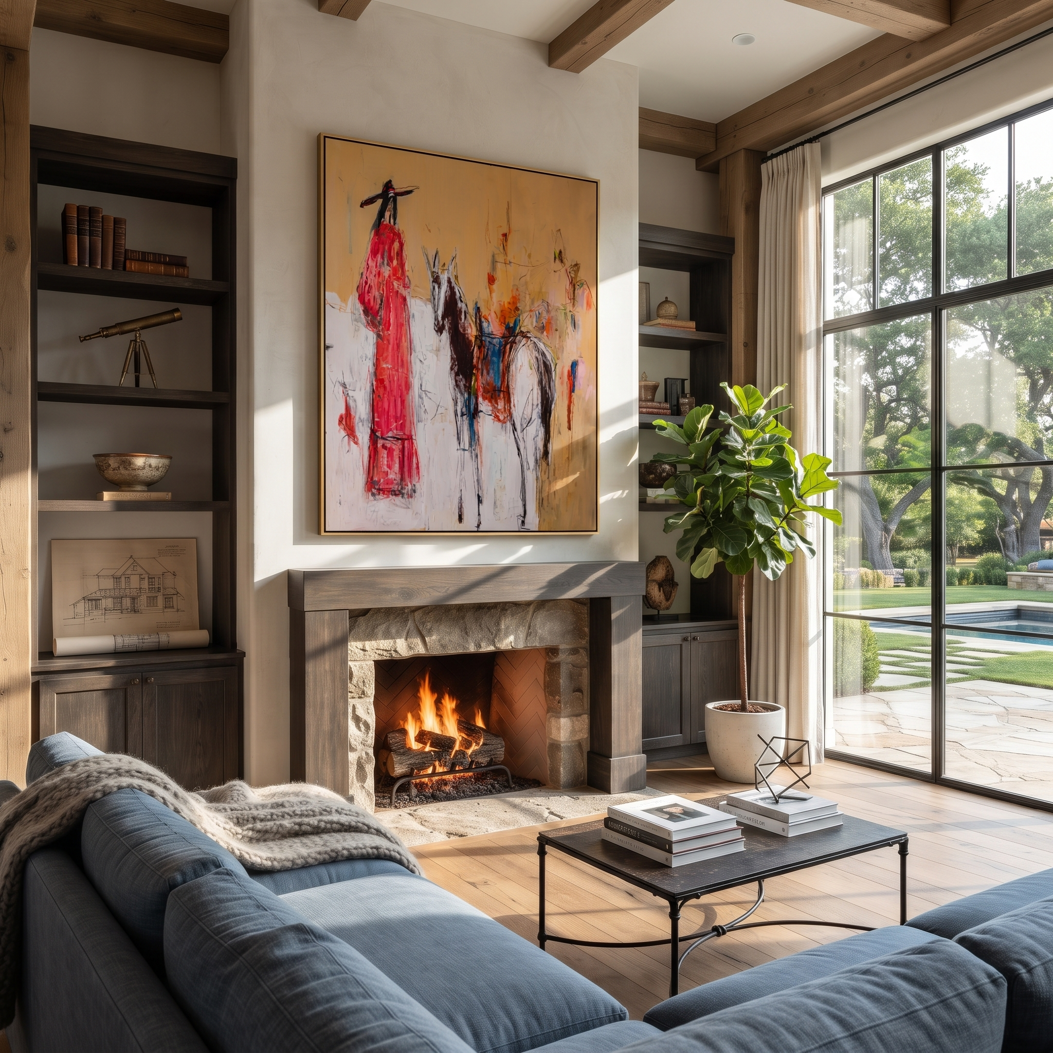 Scarlet Figure Follows Horse - abstract rider and horse painting by Ethan Mercer, contemporary Western vertical wall art – styled room scene view 4