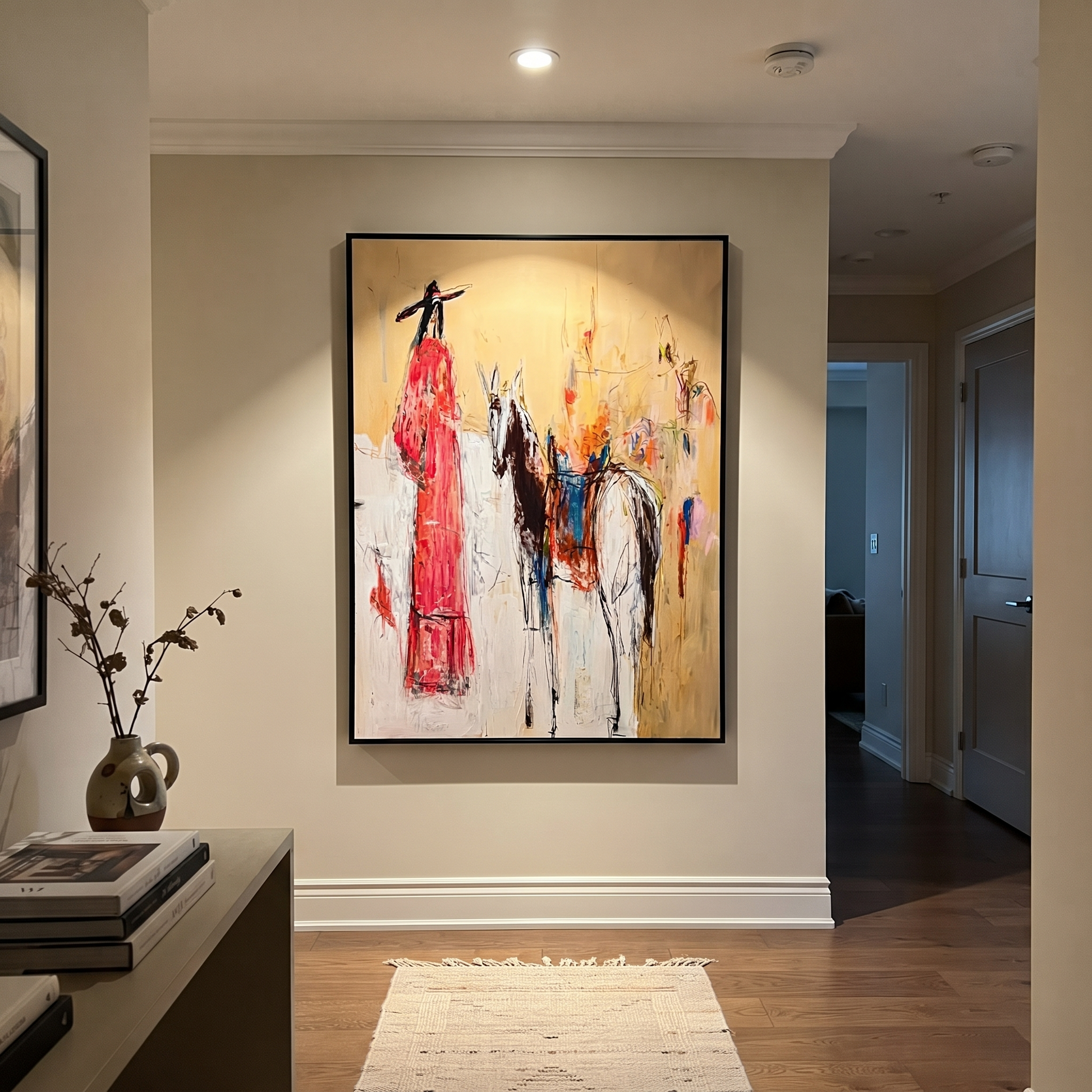 Scarlet Figure Follows Horse - abstract rider and horse painting by Ethan Mercer, contemporary Western vertical wall art – styled room scene view 5