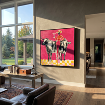 Twin Bulls Frame Toast - cowgirl between longhorns painting by Ethan Mercer, contemporary Western square wall art – styled room scene view 1