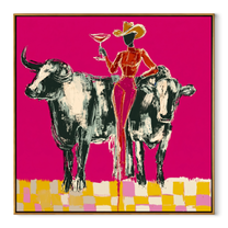 Twin Bulls Frame Toast - cowgirl between longhorns painting by Ethan Mercer, contemporary Western square wall art – wood frame on white background