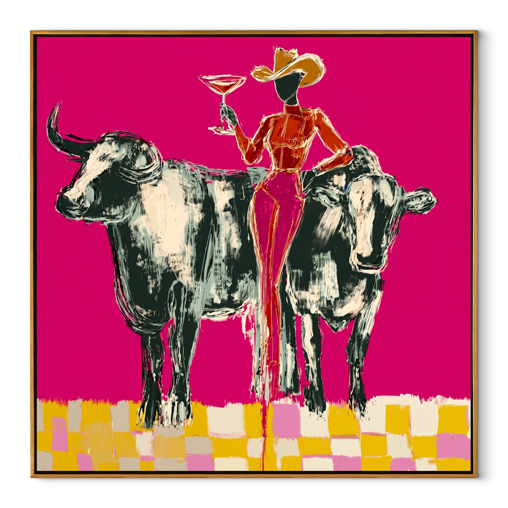 Twin Bulls Frame Toast - cowgirl between longhorns painting by Ethan Mercer, contemporary Western square wall art – wood frame on white background