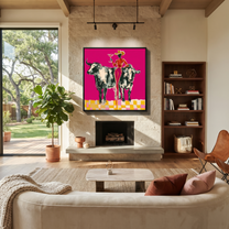Twin Bulls Frame Toast - cowgirl between longhorns painting by Ethan Mercer, contemporary Western square wall art – styled room scene view 2
