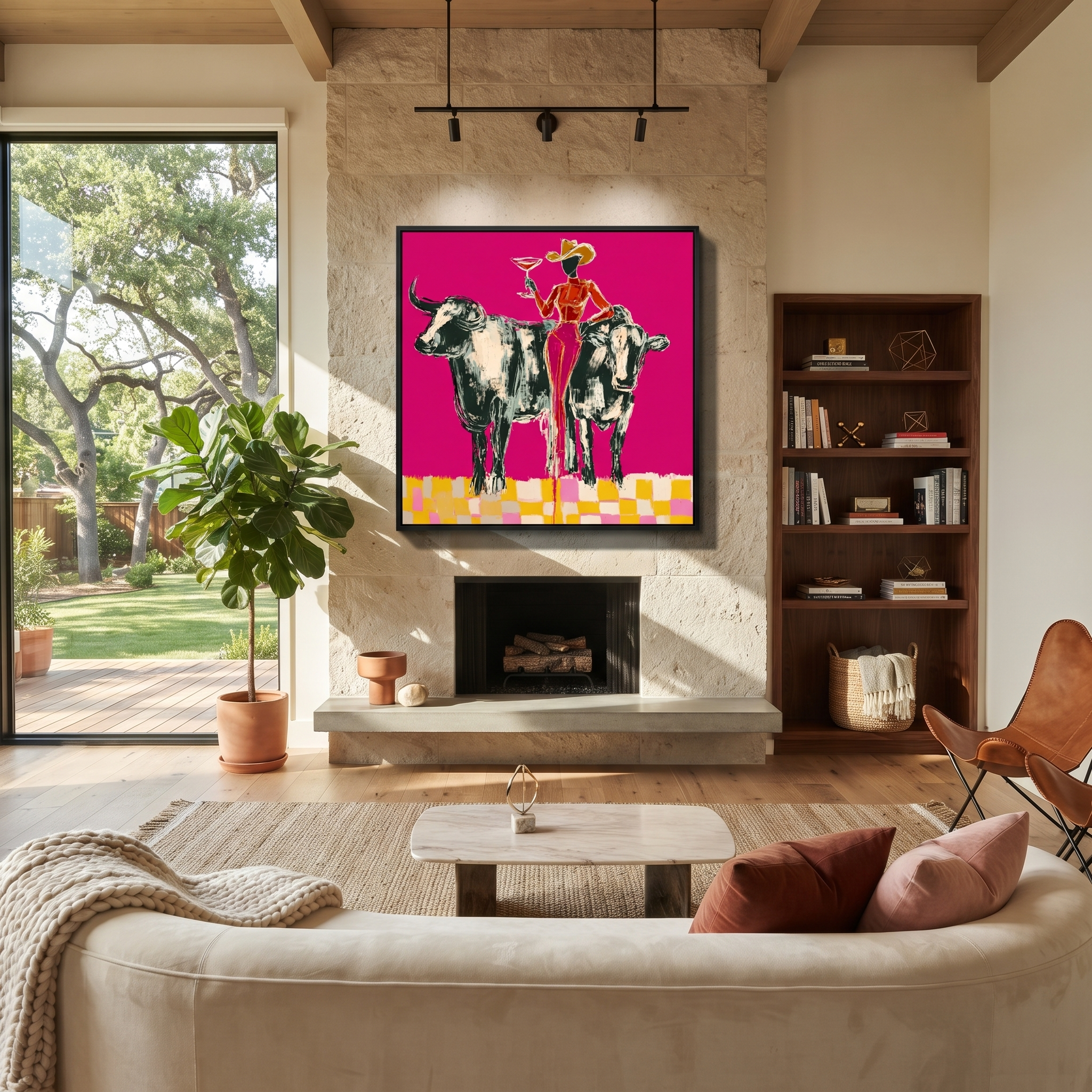 Twin Bulls Frame Toast - cowgirl between longhorns painting by Ethan Mercer, contemporary Western square wall art – styled room scene view 2