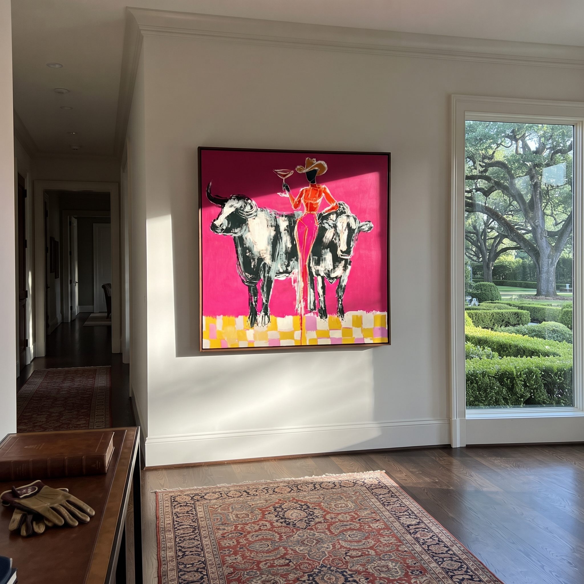 Twin Bulls Frame Toast - cowgirl between longhorns painting by Ethan Mercer, contemporary Western square wall art – styled room scene view 3