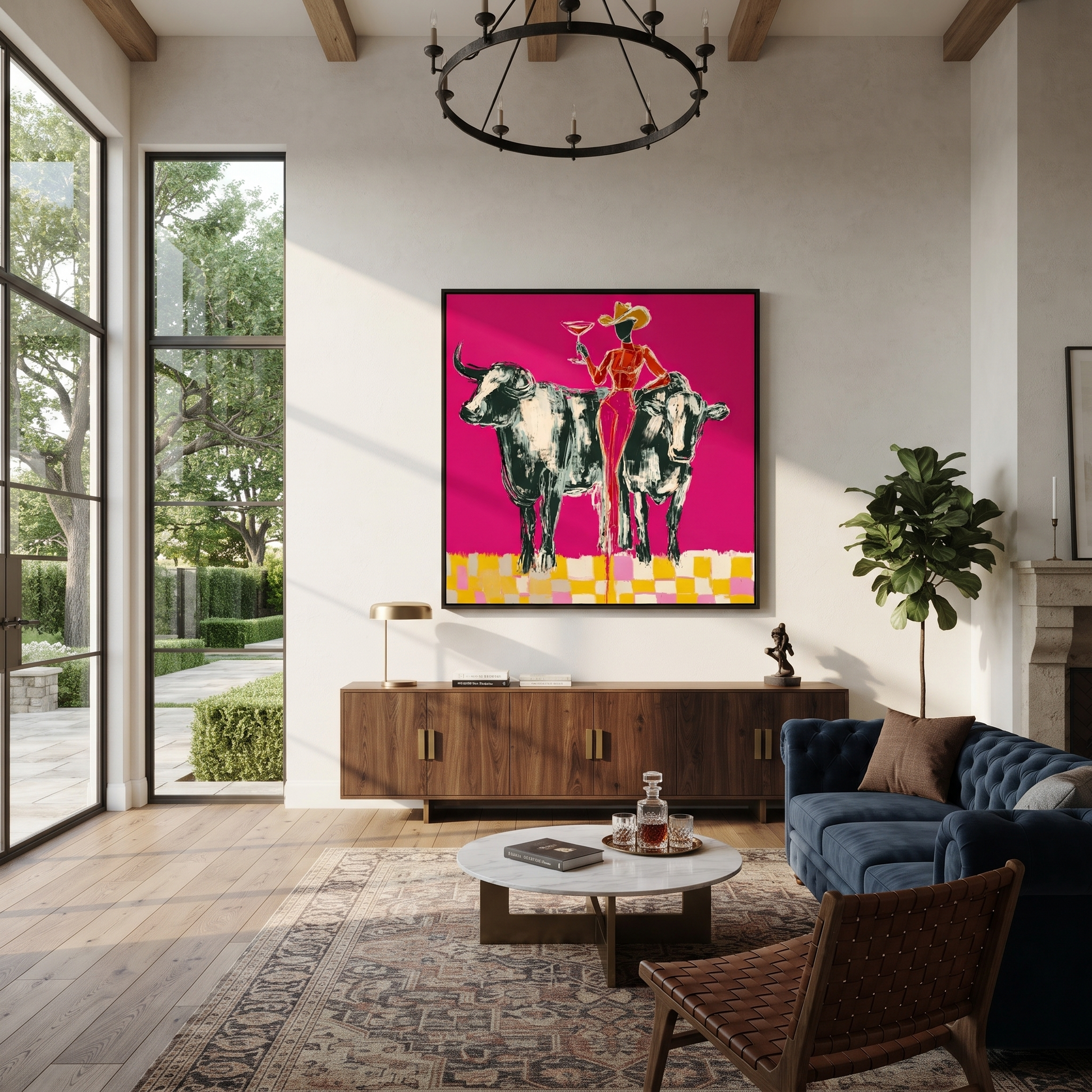 Twin Bulls Frame Toast - cowgirl between longhorns painting by Ethan Mercer, contemporary Western square wall art – styled room scene view 4