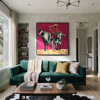 Twin Bulls Frame Toast - cowgirl between longhorns painting by Ethan Mercer, contemporary Western square wall art – styled room scene view 5