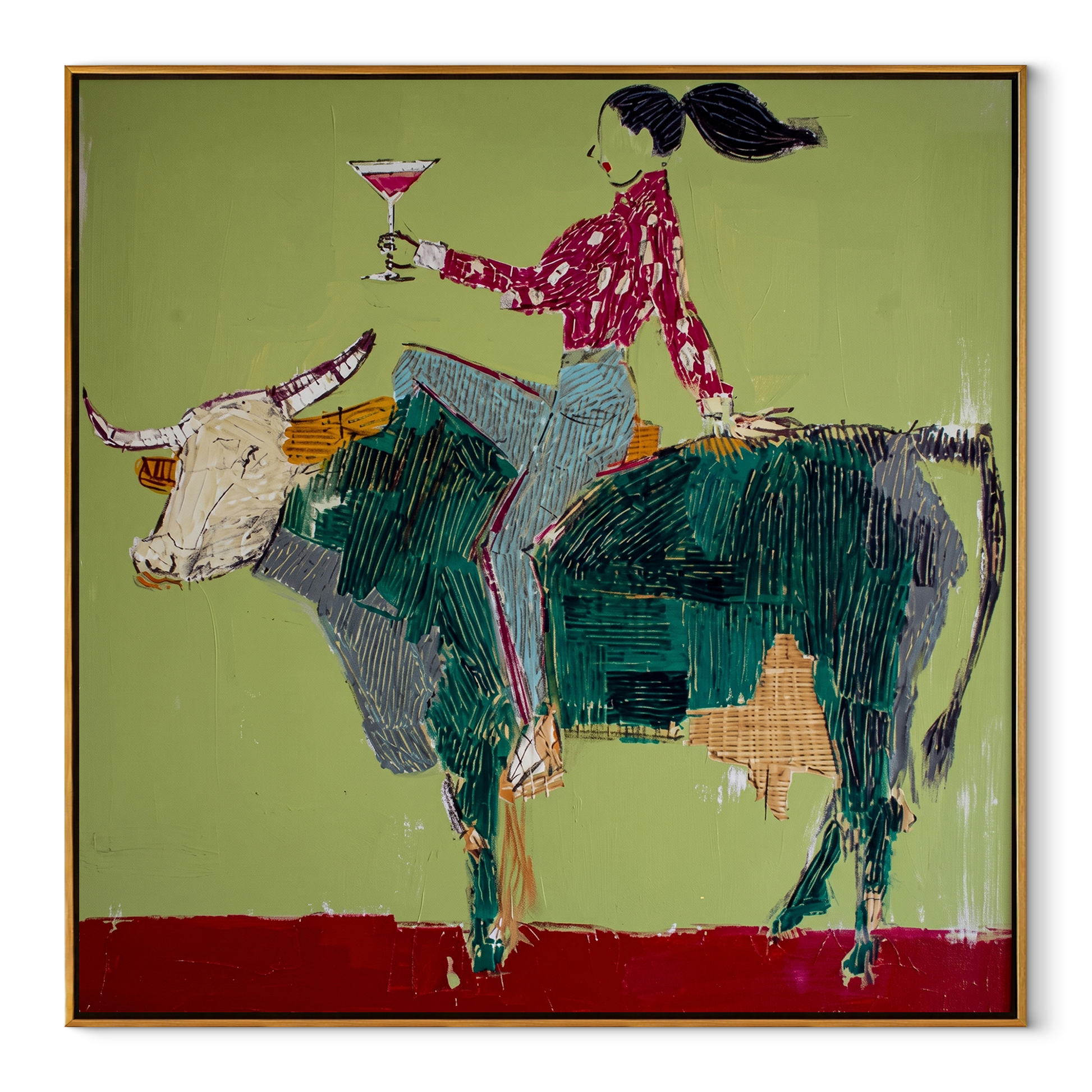 Green Horns Carry Leisure - cowgirl riding bull painting by Ethan Mercer, contemporary Western square wall art – wood frame on white background