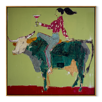 Green Horns Carry Leisure - cowgirl riding bull painting by Ethan Mercer, contemporary Western square wall art – wood frame on white background
