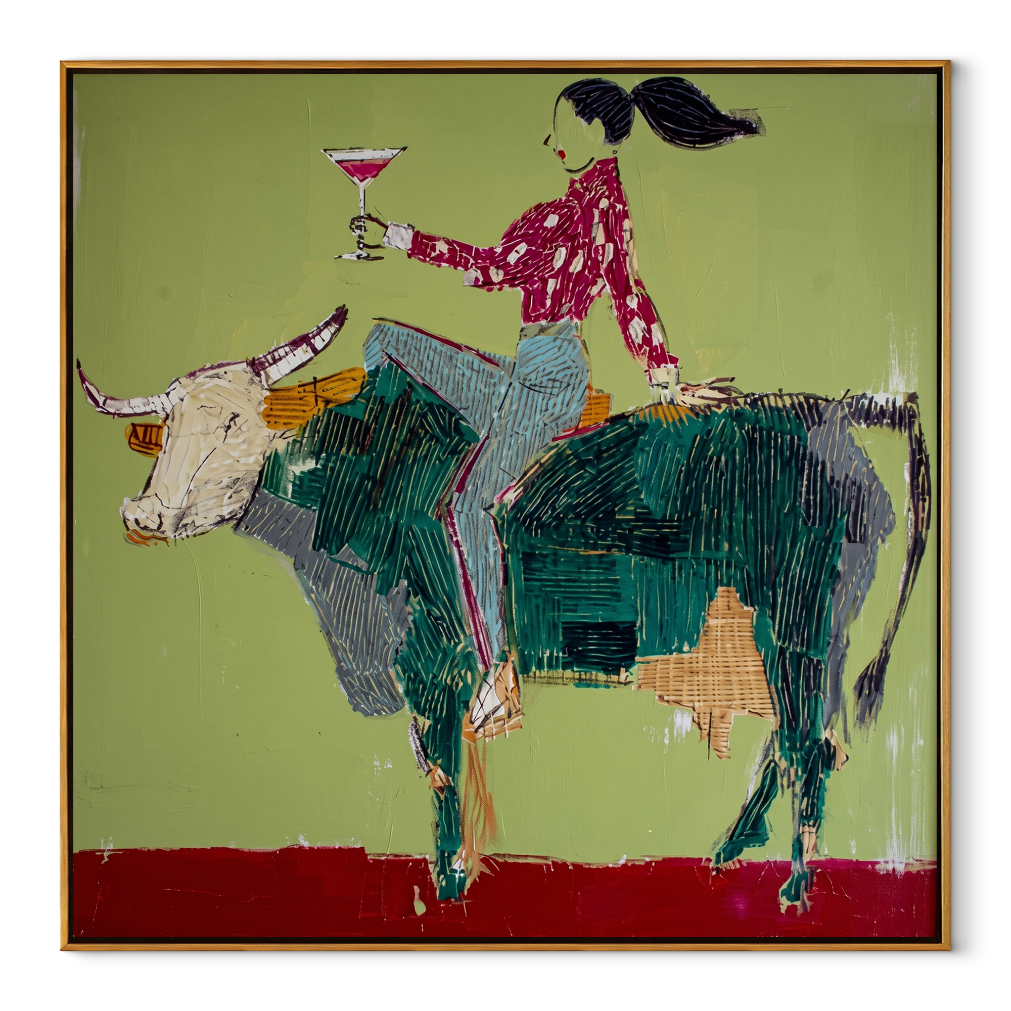 Green Horns Carry Leisure - cowgirl riding bull painting by Ethan Mercer, contemporary Western square wall art – wood frame on white background