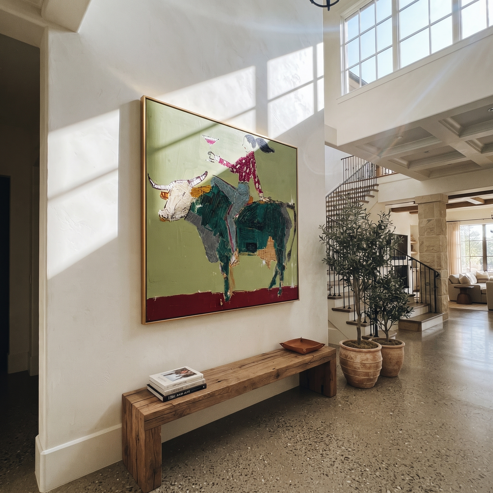 Green Horns Carry Leisure - cowgirl riding bull painting by Ethan Mercer, contemporary Western square wall art – styled room scene view 2