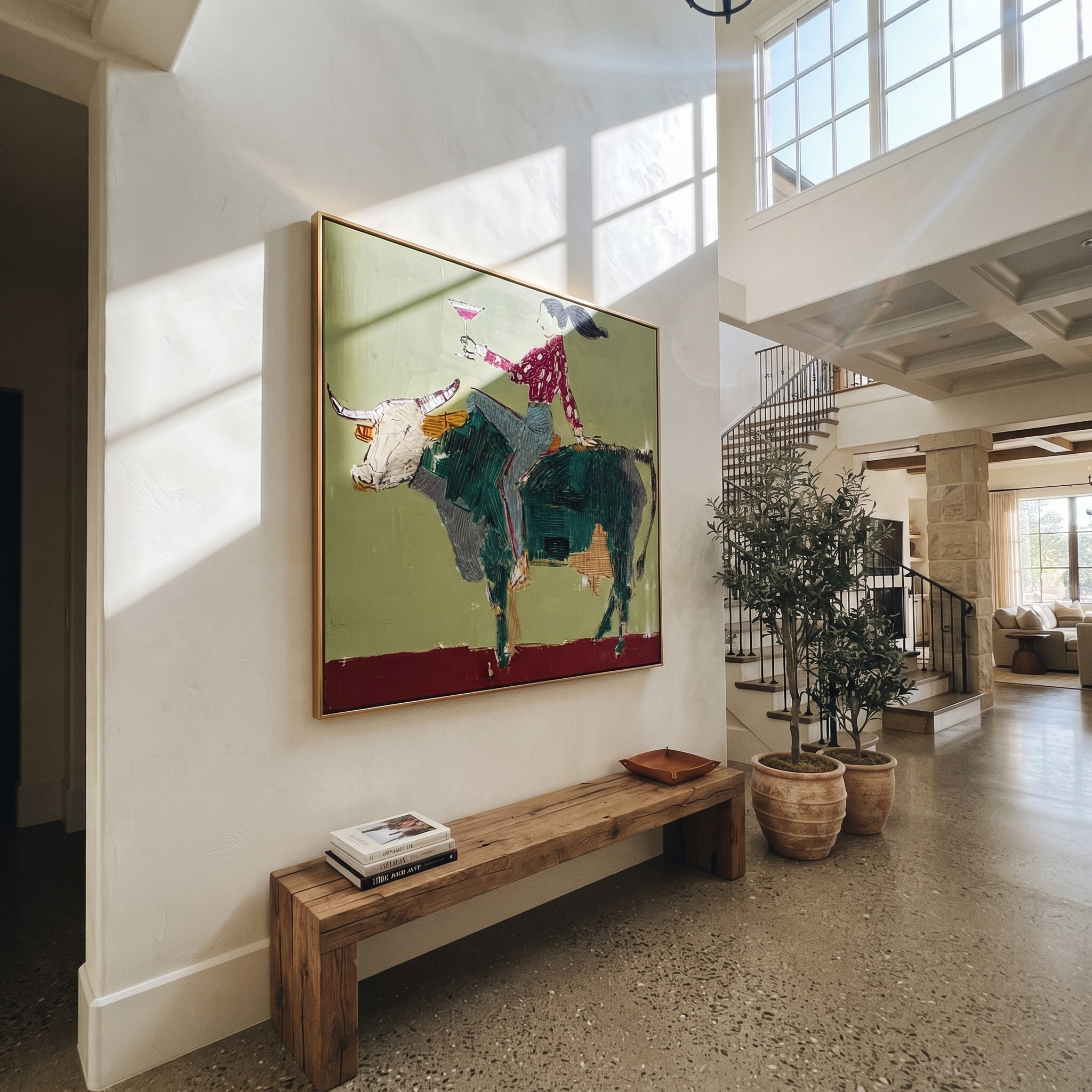 Green Horns Carry Leisure - cowgirl riding bull painting by Ethan Mercer, contemporary Western square wall art – styled room scene view 2
