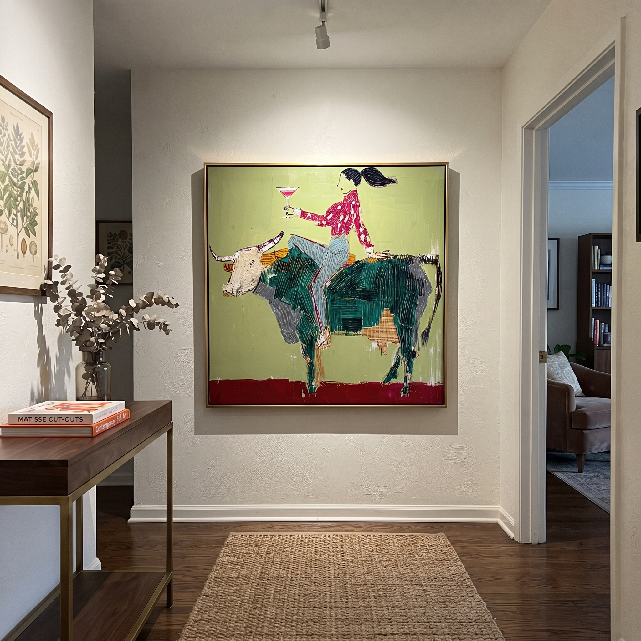 Green Horns Carry Leisure - cowgirl riding bull painting by Ethan Mercer, contemporary Western square wall art – styled room scene view 3