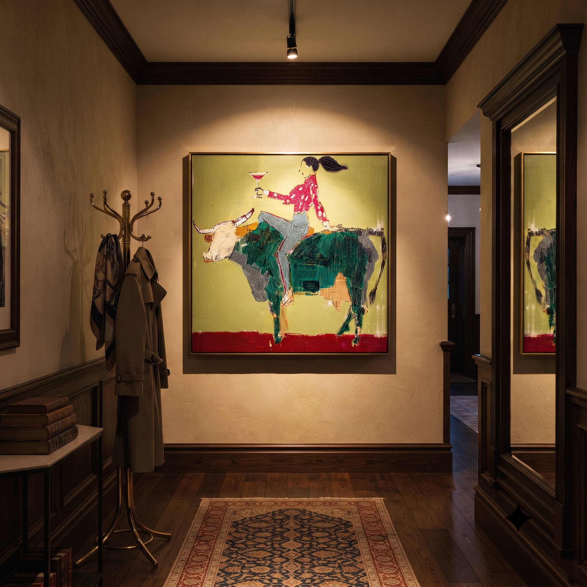 Green Horns Carry Leisure - cowgirl riding bull painting by Ethan Mercer, contemporary Western square wall art – styled room scene view 4