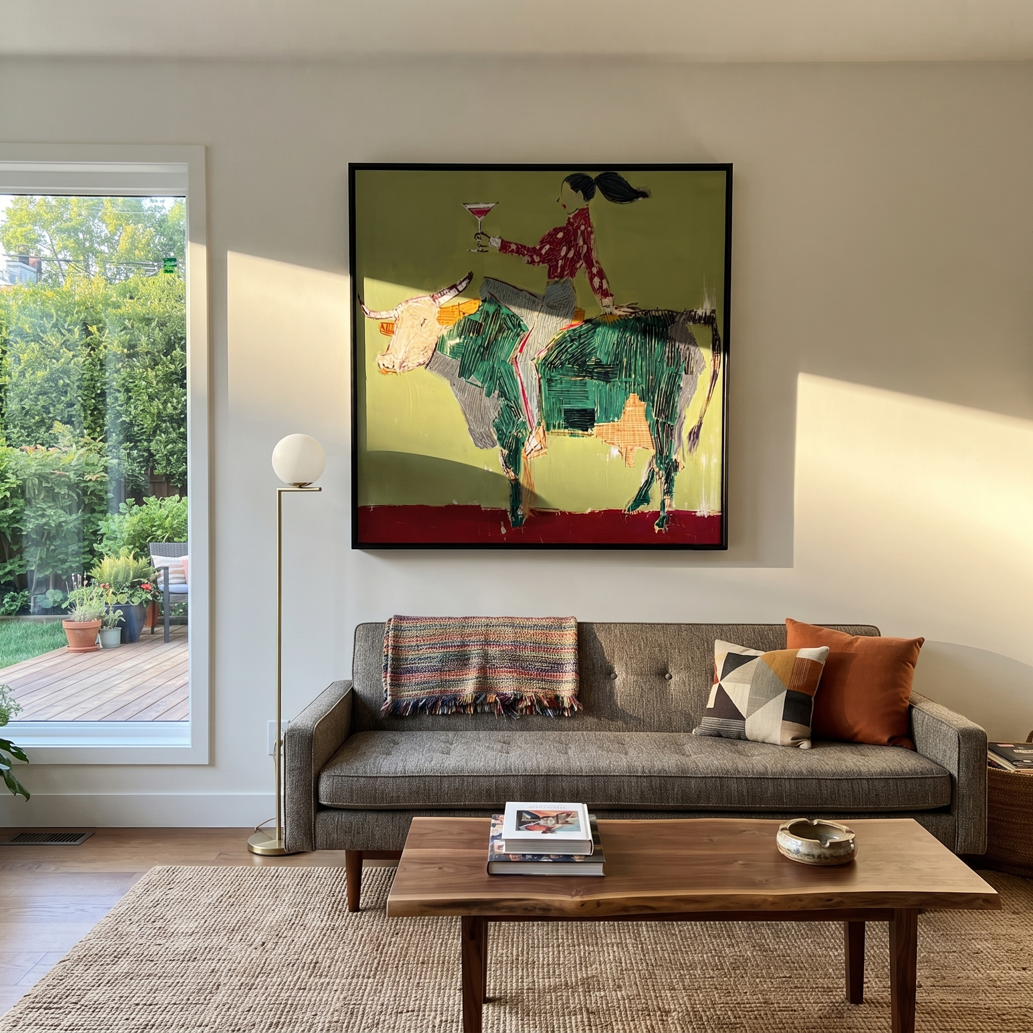 Green Horns Carry Leisure - cowgirl riding bull painting by Ethan Mercer, contemporary Western square wall art – styled room scene view 5