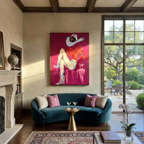 Scarlet Shirt Hides Stars - reclining cowgirl portrait painting by Ethan Mercer, contemporary Western vertical wall art – styled room scene view 1