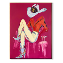 Scarlet Shirt Hides Stars - reclining cowgirl portrait painting by Ethan Mercer, contemporary Western vertical wall art – wood frame on white background
