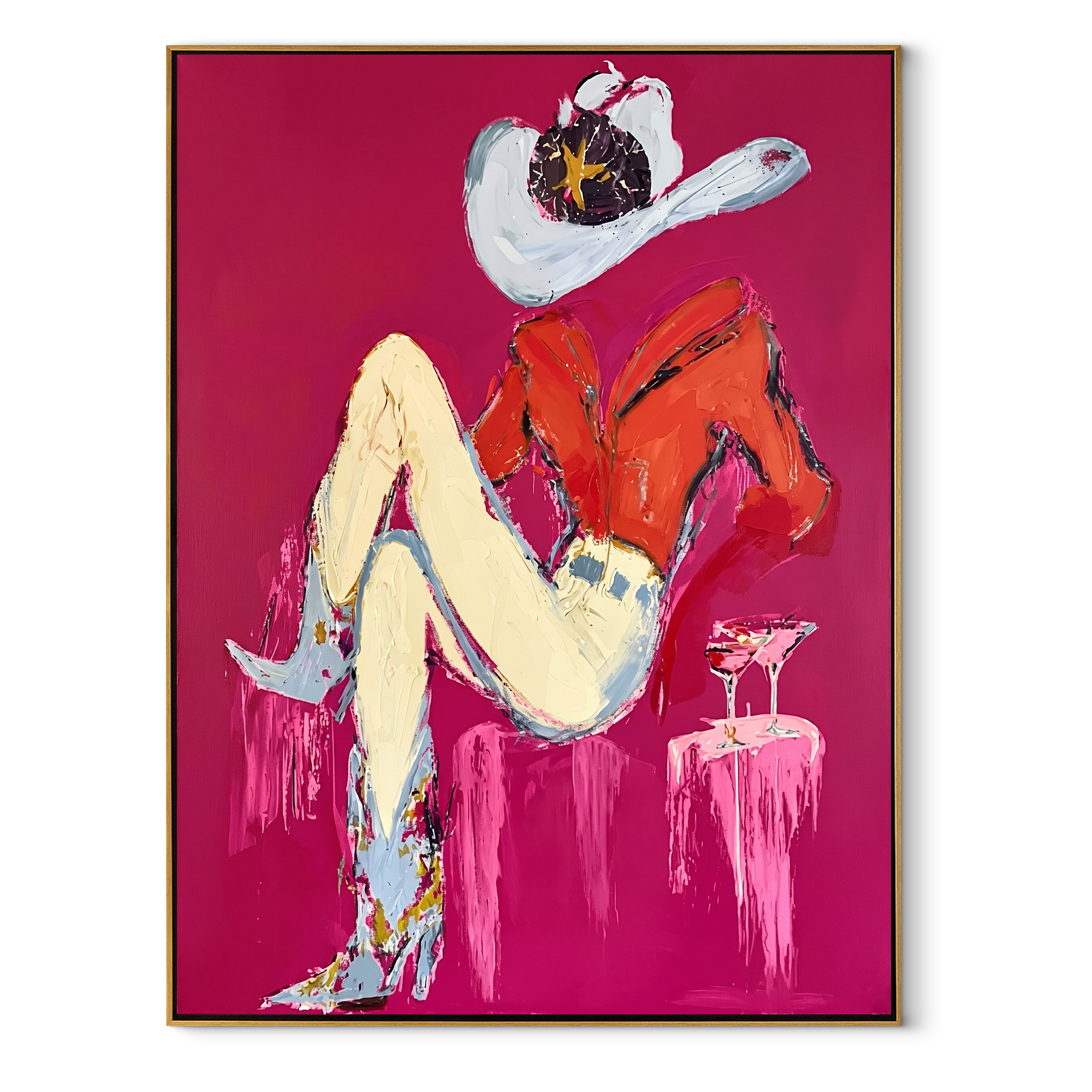 Scarlet Shirt Hides Stars - reclining cowgirl portrait painting by Ethan Mercer, contemporary Western vertical wall art – wood frame on white background